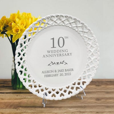 Personalized 10th Wedding Anniversary Round Porcelain Plate with Heart Lace Rim