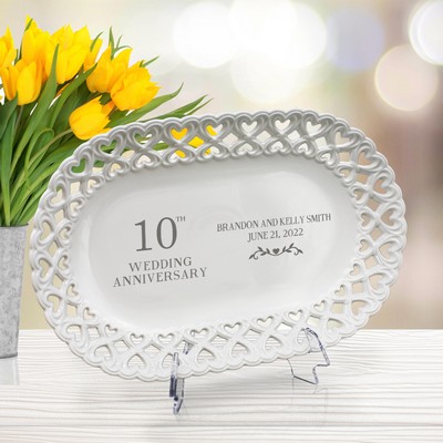 Personalized 10th Wedding Anniversary Gift on Oval Porcelain Plate with Heart Lace Rim