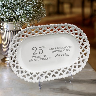 Chic Personalized 25th Anniversary Oval Porcelain Plate with Heart lace Rim
