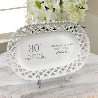 Personalized 30th Anniversary Gift on Oval Porcelain Plate with Heart Lace Rim