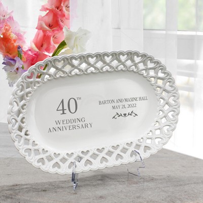 Personalized 40th Wedding Anniversary Oval Porcelain Plate with Heart Lace Rim