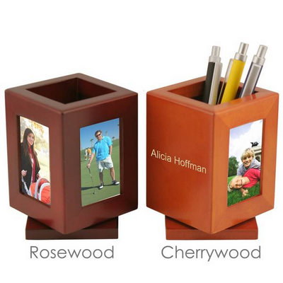 Rotating Personalized Wooden Pencil Cup with 3 Picture Frames
