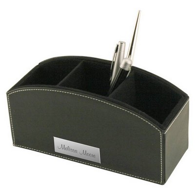 Black Leatherette Desktop Caddy with White Stitching