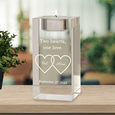 Double Heart Personalized Crystal Tea Light Candle Holder