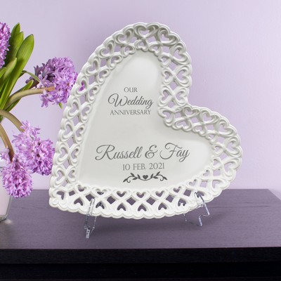 Elegant Personalized Wedding Anniversary Heart Porcelain Plate with Heart lace Rim