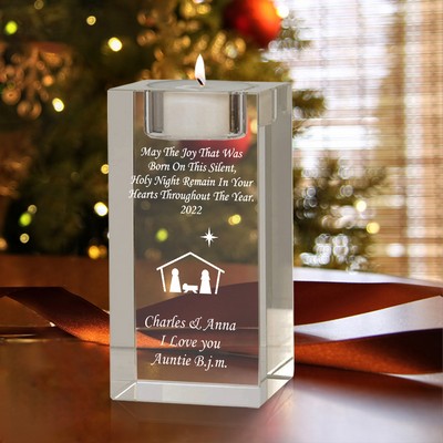 Personalized Family Nativity Christmas Crystal Tea light Candle Holder