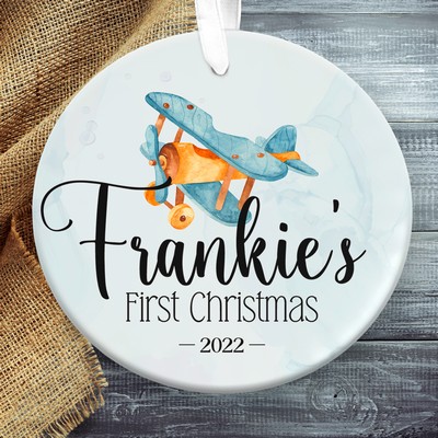 Airplane Baby Boy First Christmas Ornament Personalized Gift