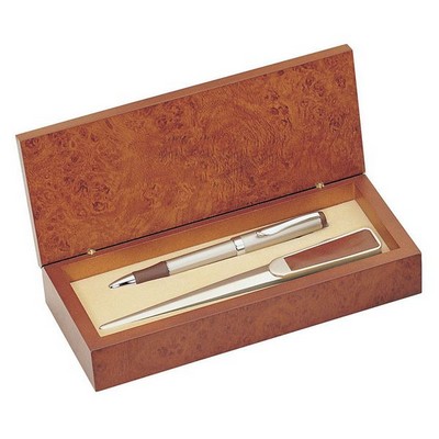 Personalized Brown Leather Letter Opener with Pen Gift Set