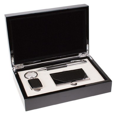 Black Carbon Fiber Style Card Case Keychain and Pen Gift Set