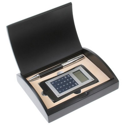 Carbon Fiber Pen and Calculator Gift Set with Curved Black Gift Box