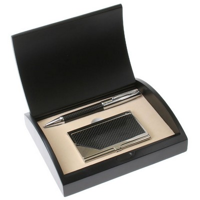 Carbon Fiber Pen and Card Case Gift Set with Curved Black Gift Box