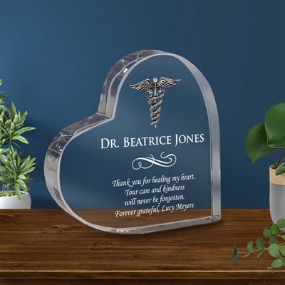 Healing Heart Doctor Keepsake Crystal Plaque Personalized with Silver Caduceus 