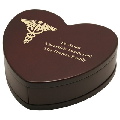 Personalized Heart Shaped Rosewood Keepsake Box with Caduceus