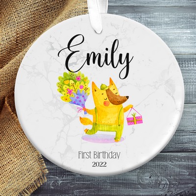 Little Fox Baby First Birthday Christmas Ornament, Personalized Baby Ornament