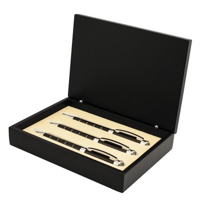Monogrammed Triple Pen and Pencil Set in Black Wooden Box