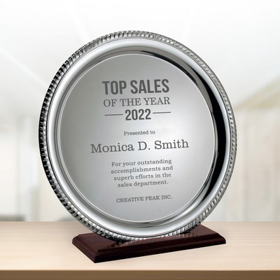 Personalized Top Sales Of the Year Silver Plate Award with Wood Base