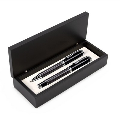 Carbon Fiber Finish Executive Double Pen Set in Wooden Box