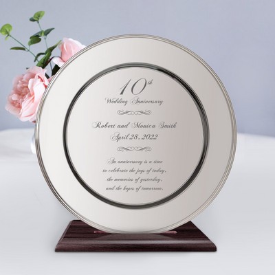 Personalized 10th Wedding Anniversary Silver Plate on a Wood Stand