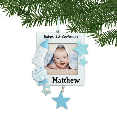 Personalized Blue Baby 1st Christmas Framed Ornament