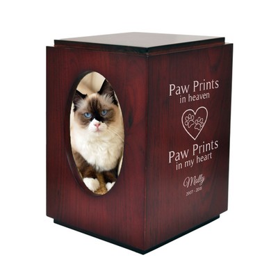 Personalized Cherry Finish Pet Urn with Oval Photo Frame