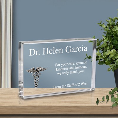 Personalized Doctor Thank You Crystal Plaque with Silver Caduceus