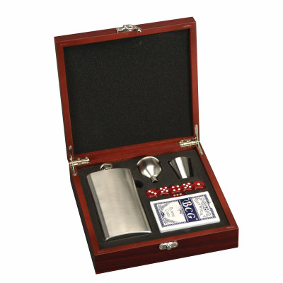 Personalized Flask and Playing Card Set in Rosewood Box