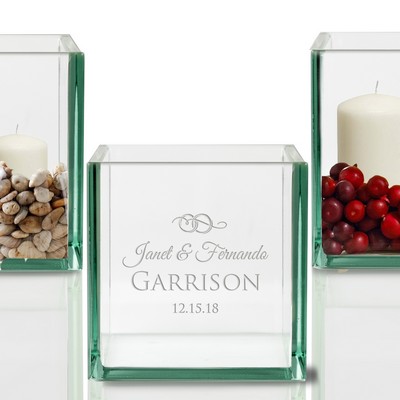 Memorable Personalized Wedding Glass Cube Candle Holder 