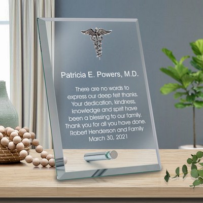 Personalized Glass Plaque for Doctors with Silver Caduceus