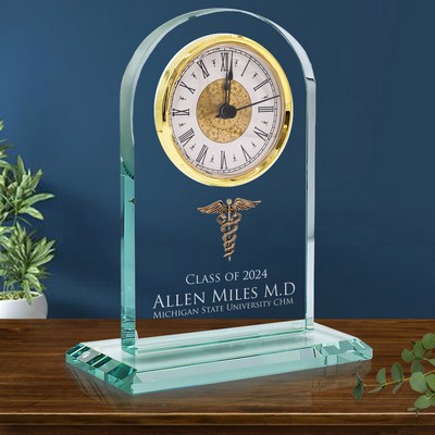 Personalized Medical Graduates Jade Glass Clock with Gold Caduceus