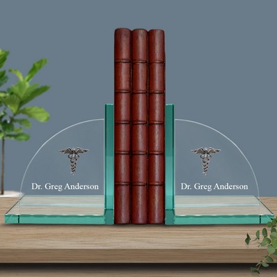 Personalized Jade Glass Medical Caduceus Bookends