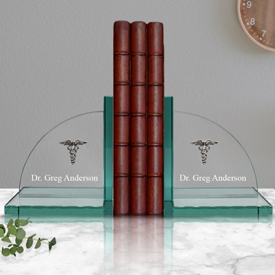 Personalized Jade Glass Medical Caduceus Bookends