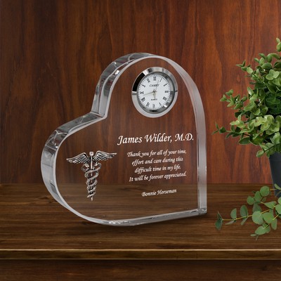 Personalized Crystal Heart Medical Keepsake Clock Plaque with Silver Caduceus