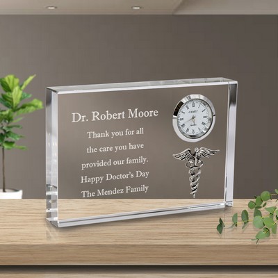 Personalized Medical Keepsake Crystal Clock Plaque with Silver Caduceus