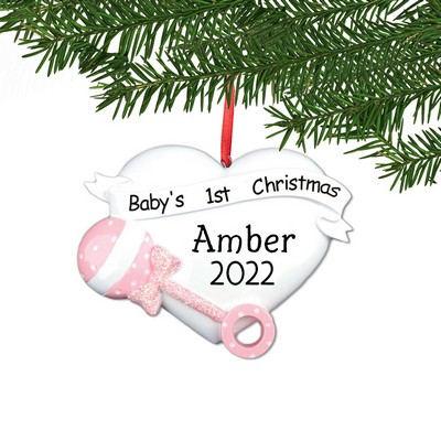 Personalized Pink Baby 1st Christmas Heart Ornament