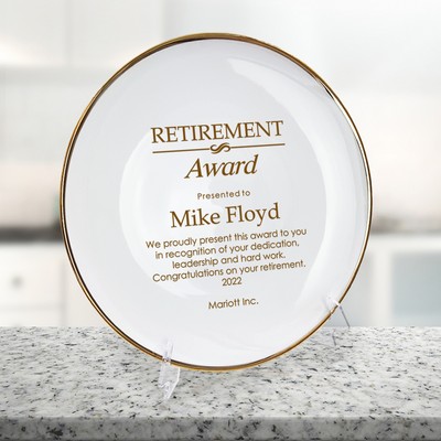 Personalized Retirement Award on a Porcelain Gold Rim Plate