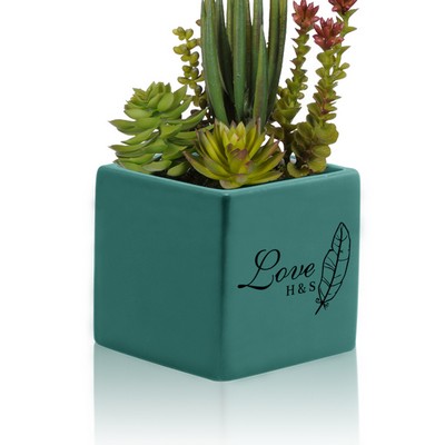 Personalized Small Blue Ceramic Succulent Vase for Couples