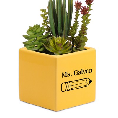 Personalized Yellow Ceramic Succulent Vase for Teachers Desk