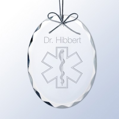 Rod of Asclepius Personalized Crystal Ornament for Doctors