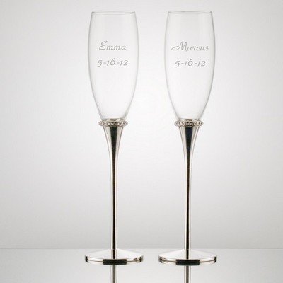 Personalized Toasting Flutes with Crystal Ring