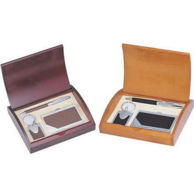 Personalized Black or Brown Leather Pen Business Card Case and Keychain Gift Set